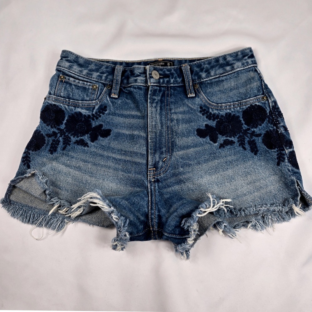 Abercrombie & Fitch Annie High Rise Denim Shorts Floral Embroidered 26 Y2K Beach